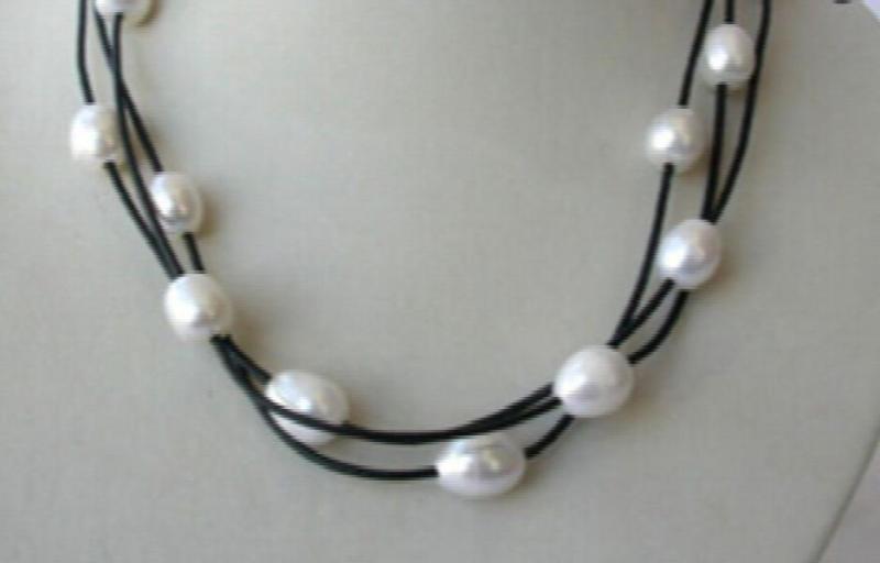 Stunning 3-Strand Baroque Pearl Leather Necklace