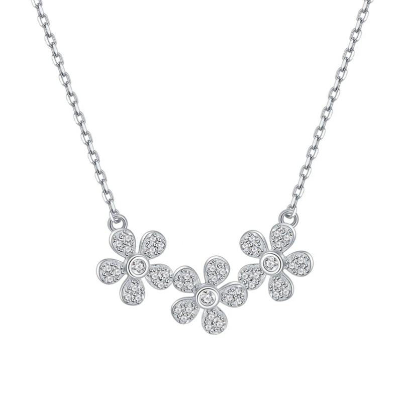 925 Silver Flower Diamond Gemstone Pendant Necklace