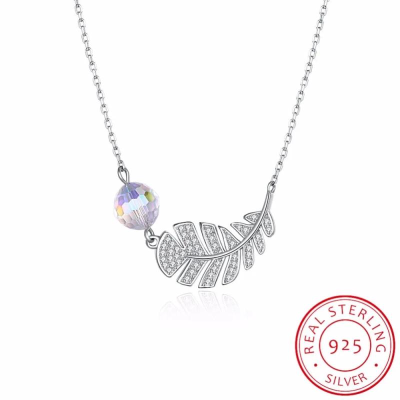 Lekani Feather Leaf Pendant Necklace Real S925 Silver Beads Collar