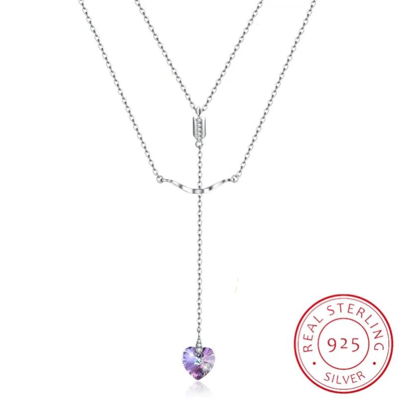 925 Silver Lekani Long Pendant Necklace with Heart Bead Crystals