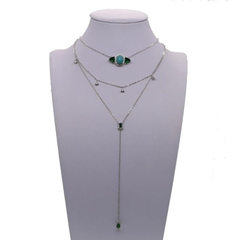 925 Silver CZ Choker Necklace with Green Crystal