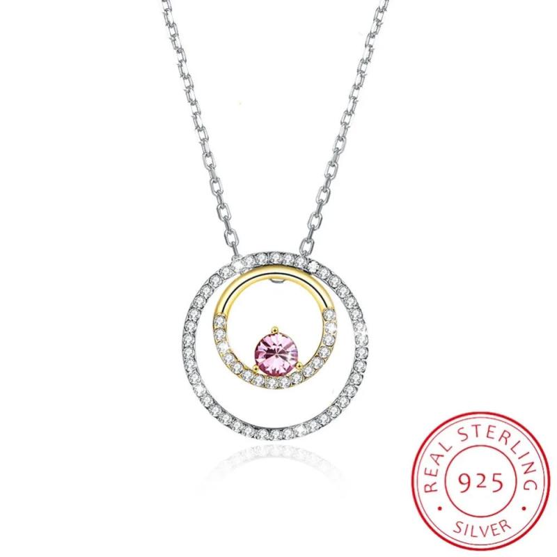Lekani Crystal Double Circle Pendant Necklace 925 Sterling Silver
