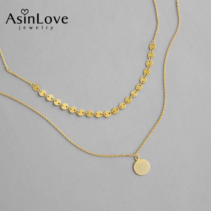 925 Silver Double Layer Round Pendant Necklace - 18K Shining Jewelry