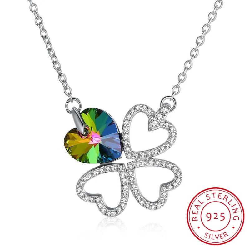 Four Leaf Clover Pendant Crystal Heart 925 Sterling Silver Vintage Jewelry