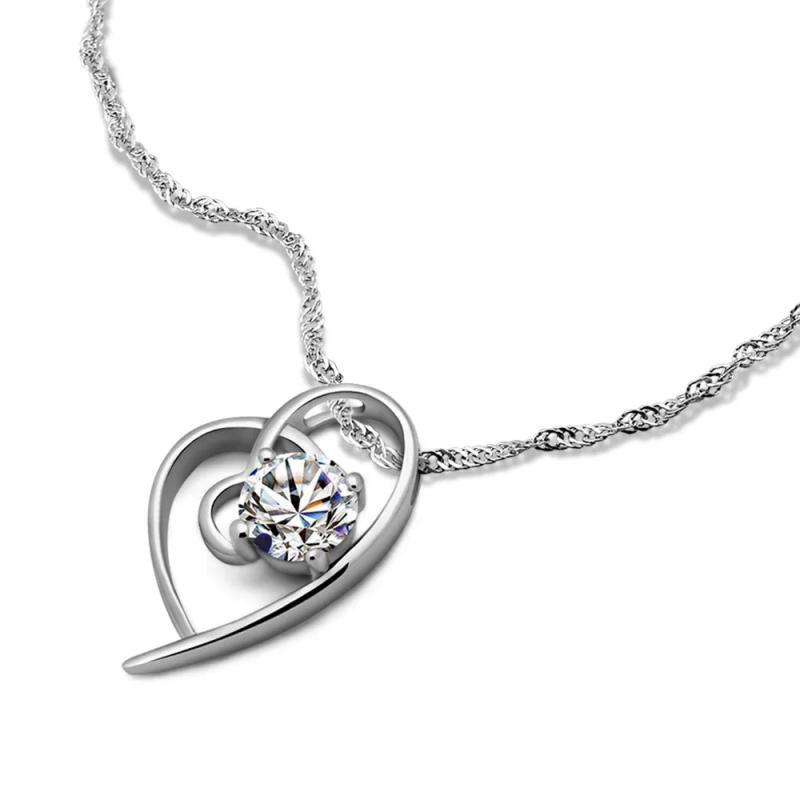 Heart Zircon Pendant Choker 925 Silver Necklace Water Wave Chain