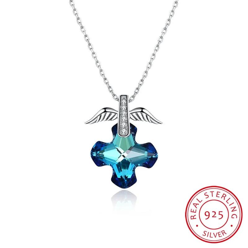 Crystals Cross Pendant Necklace Collars Real S925 Silver Fine Jewelry