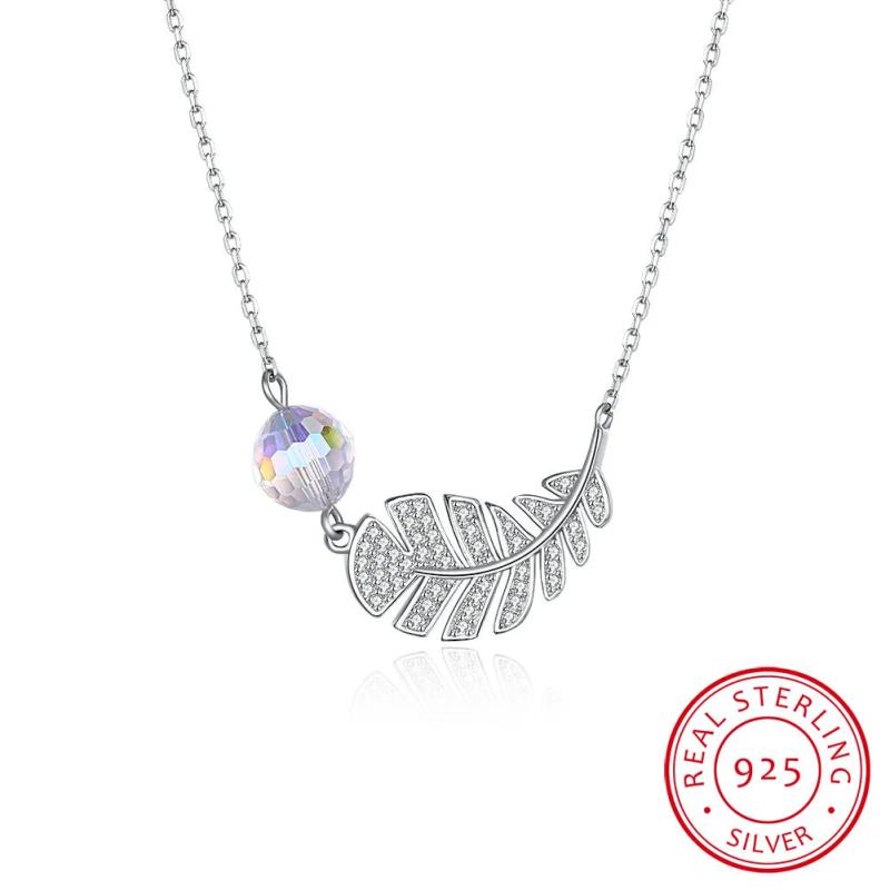 Feather Leaf Pendant Necklaces S925 Silver Beads Collar for Women