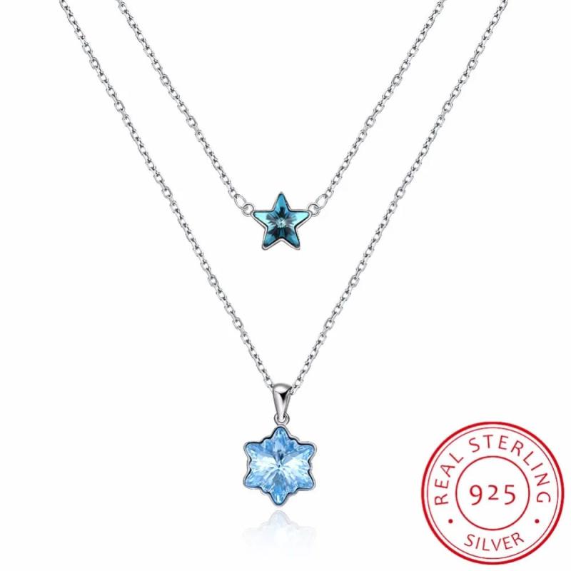 Lekani Snowflake Star Pendant Necklace Real S925 Silver Double Chains Collier
