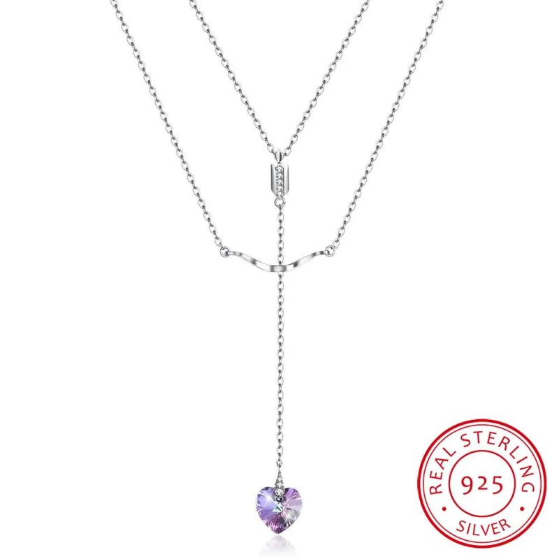 Colorful Heart Crystal Pendant Necklace Double Chain 925 Silver