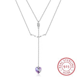 Colorful Heart Crystal Pendant Necklace Double Chain 925 Silver
