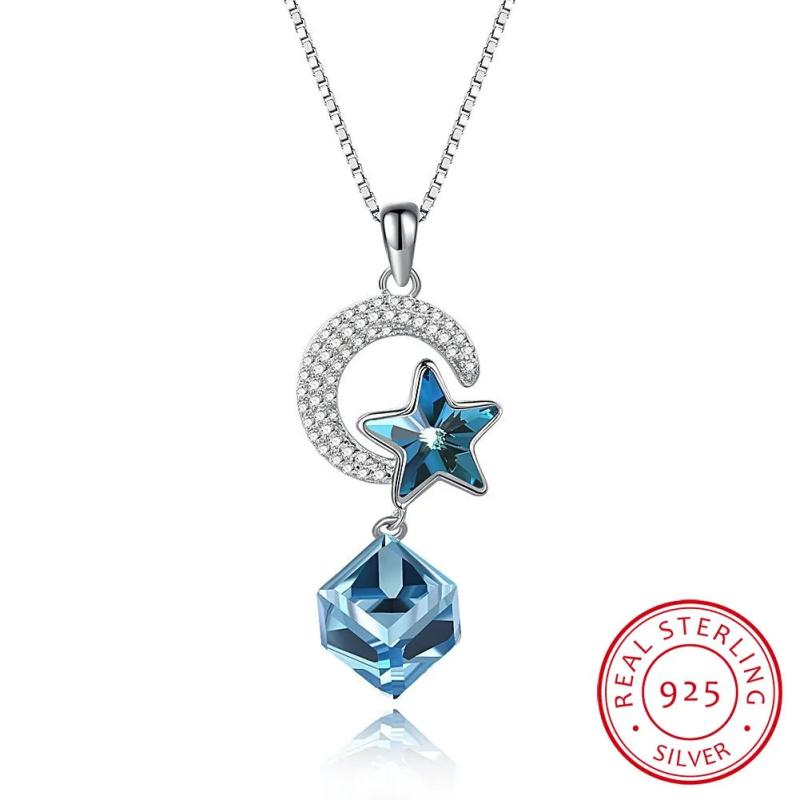 Crystal Star Cube Moon Pendant Necklace S925 Sterling Silver Chain