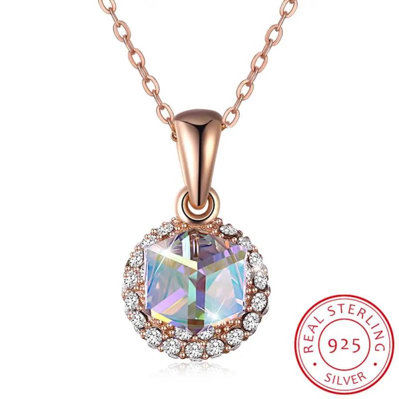 Colorful Cube Crystal Round Pendant Necklace 925 Silver Chain