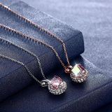 Colorful Cube Crystal Round Pendant Necklace 925 Silver Chain