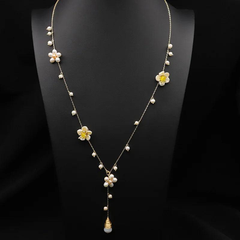 Glseevo Pearl Flower Long Chain Necklace Asymmetrical Minimalism Sweater Chain