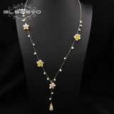 Glseevo Pearl Flower Long Chain Necklace Asymmetrical Minimalism Sweater Chain