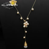 Glseevo Pearl Flower Long Chain Necklace Asymmetrical Minimalism Sweater Chain