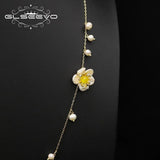 Glseevo Pearl Flower Long Chain Necklace Asymmetrical Minimalism Sweater Chain