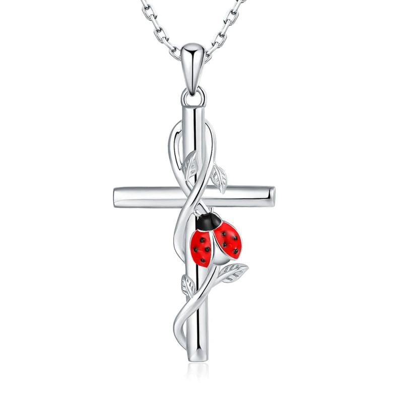 925 Silver Cross Ladybug Necklace for Women Religious Pendant