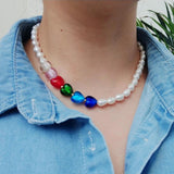 Rainbow Heart Baroque Pearl Choker Necklace 925 Sterling Silver Women Jewelry