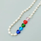 Rainbow Heart Baroque Pearl Choker Necklace 925 Sterling Silver Women Jewelry