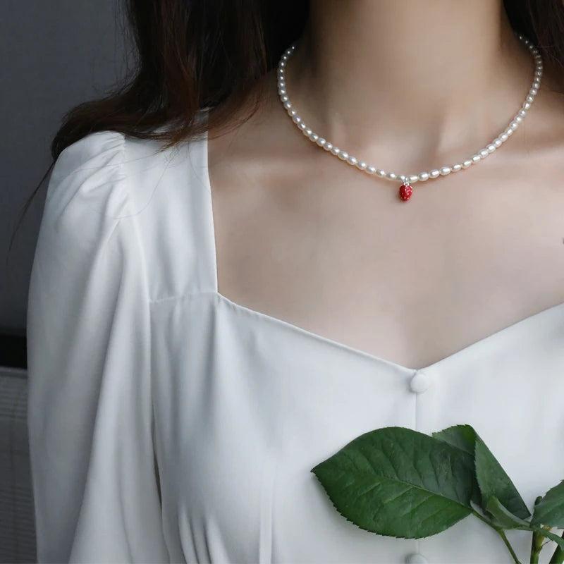 Freshwater Pearl Necklace Silver Chain Strawberry Pendant Jewelry