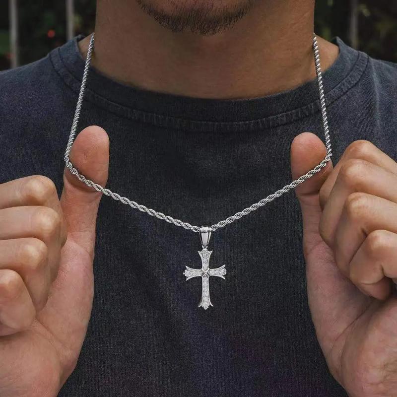 Cross Necklace Pendant Stainless Steel Cubic Zircon Diamond Men Gift