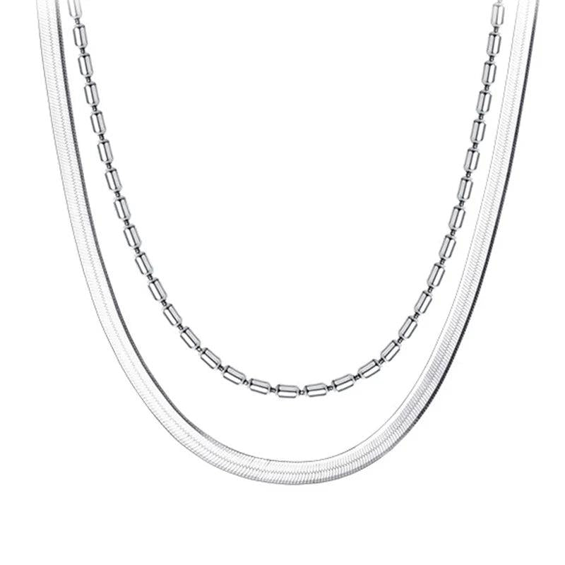 925 Sterling Silver Double Bamboo Snake Chain Necklace For Women