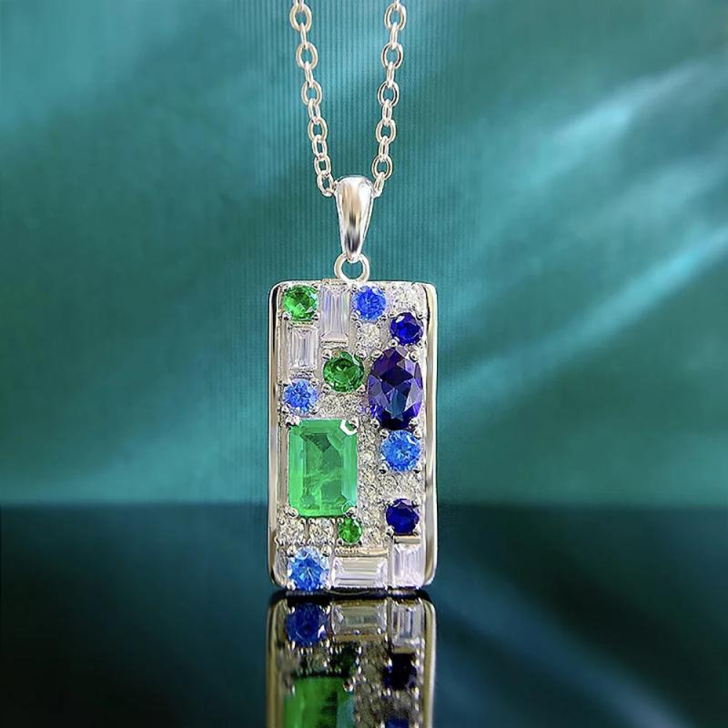 925 Silver Emerald Sapphire Card Pendant Necklace for Women