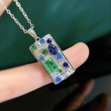 925 Silver Emerald Sapphire Card Pendant Necklace for Women