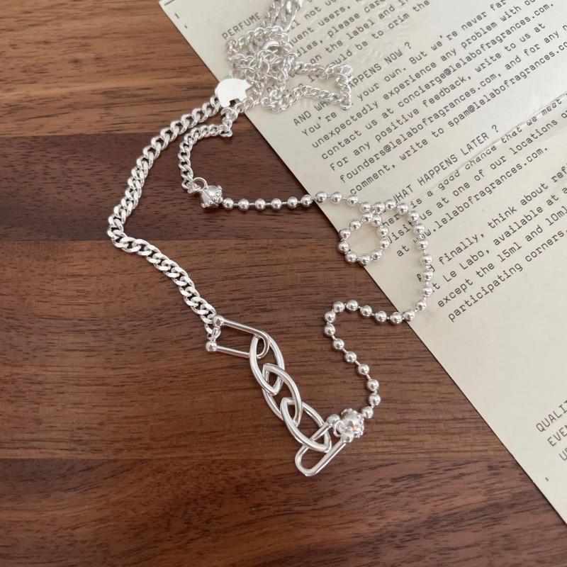 SHANICE Asymmetric Necklace 925 Sterling Silver Beads Chain & Cuban Chain