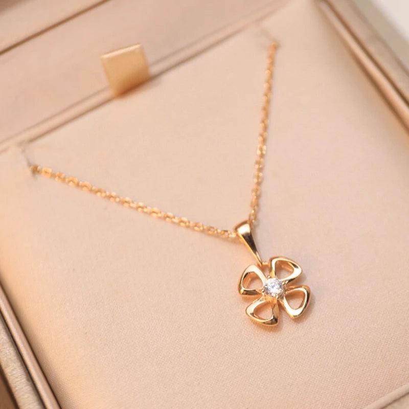 Titanium Steel Hollow Flower Pendant Necklace Women Snake Bone Chain Jewelry