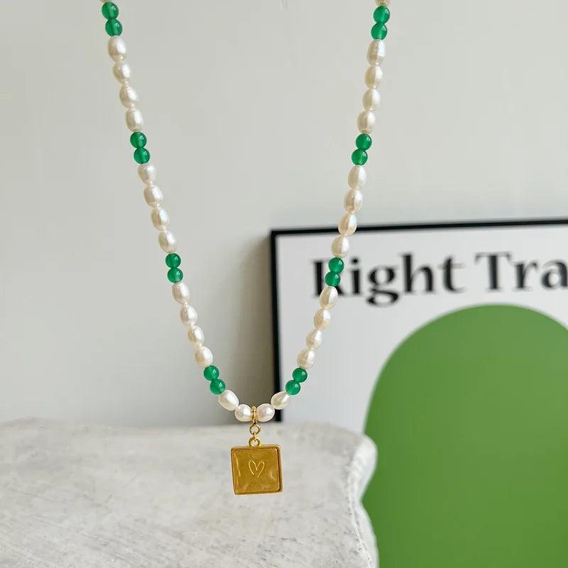 925 Silver Green Agate Pearl Heart Pendant Necklace for Women Fine Jewelry