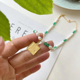 925 Silver Green Agate Pearl Heart Pendant Necklace for Women Fine Jewelry
