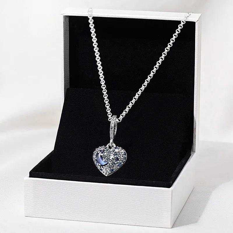 Christmas Sparkling Moon Stars Heart Necklace 925 Sterling Silver Pendant
