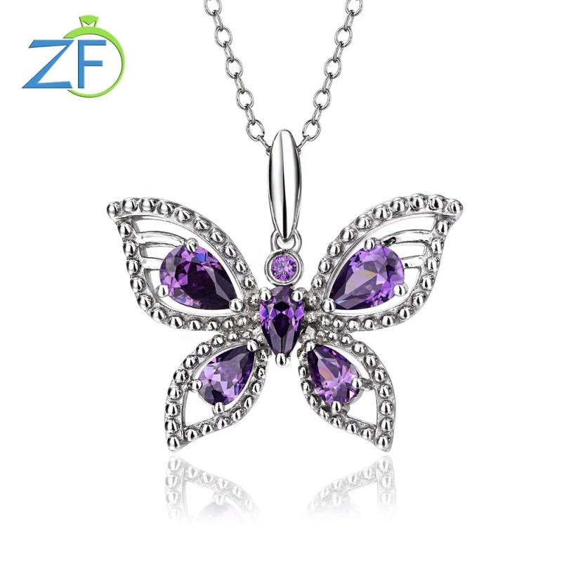 925 Silver Necklace Purple Zircon Butterfly Pendant