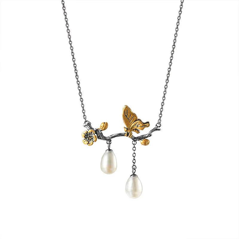 925 Silver Butterfly Tassel Pendant Necklace Chinese Style Pearl Flower Jewelry