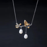 925 Silver Butterfly Tassel Pendant Necklace Chinese Style Pearl Flower Jewelry