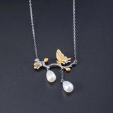 925 Silver Butterfly Tassel Pendant Necklace Chinese Style Pearl Flower Jewelry
