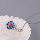 Vintage 925 Silver Agate Enamel Choker Chain Peony Flower Pendant Necklace