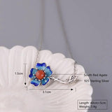 Vintage 925 Silver Agate Enamel Choker Chain Peony Flower Pendant Necklace