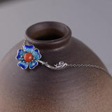 Vintage 925 Silver Agate Enamel Choker Chain Peony Flower Pendant Necklace