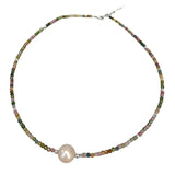 Rainbow Tourmaline Pink Pearl Choker Necklace 925 Silver Clasp