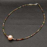 Rainbow Tourmaline Pink Pearl Choker Necklace 925 Silver Clasp