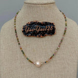 Rainbow Tourmaline Pink Pearl Choker Necklace 925 Silver Clasp