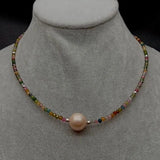 Rainbow Tourmaline Pink Pearl Choker Necklace 925 Silver Clasp