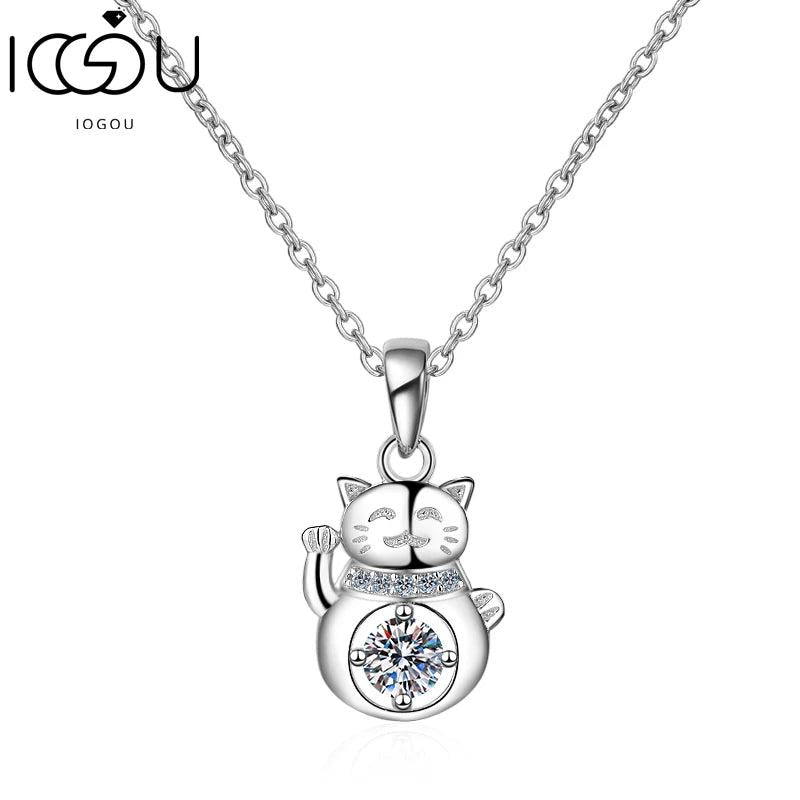 925 Silver Moissanite Lucky Cat Pendant Necklace Jewelry Gift