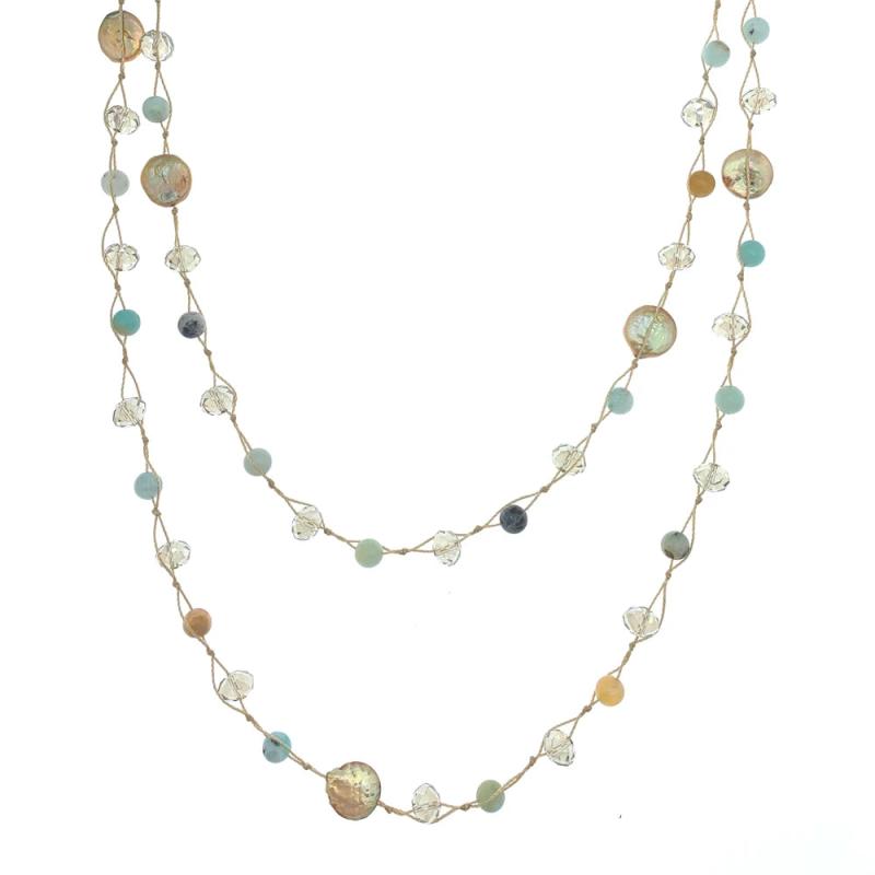 Amazonite Necklace with Champagne Crystals Coin Pearls 50 Inch