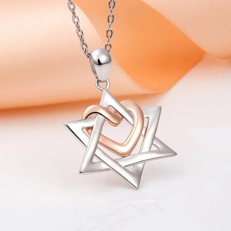 925 Silver Rose Heart Hexagonal Star Pendant Necklace Female Gift