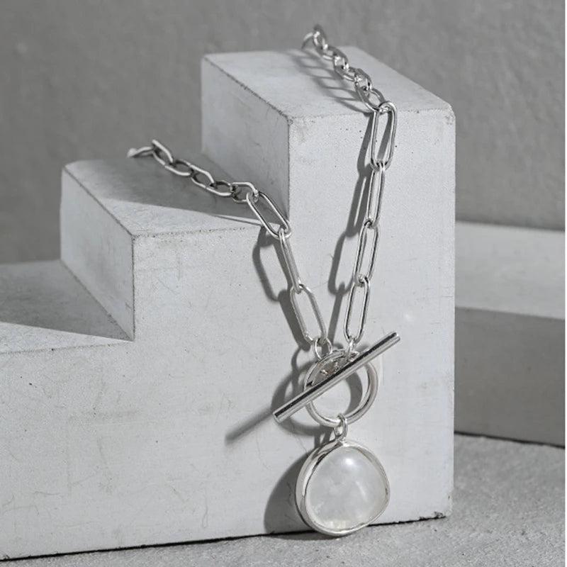 925 Silver Paperclip Chain Clear Quartz Pendant Necklace