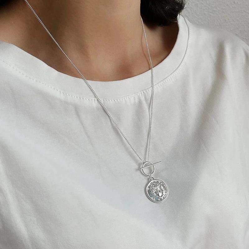 925 Silver Coin Figure Pendant Necklace for Women Sweater Chain Jewelry